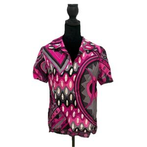 VINTAGE EMILIO PUCCO Vibrant Pink & Black Geometric Print Short Sleeve Top